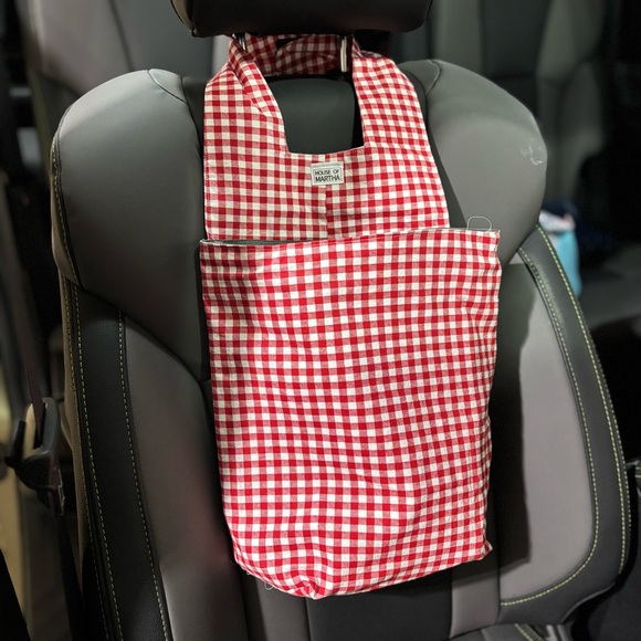 Hand Crafted Other - Car Trash/Utility Tote Bag Red Check 9” w x 4” d x 12” l 10” strap Handmade